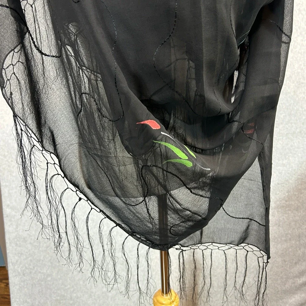 Black‎ Hand Painted Unbranded Scarf Floral Sheer Chiffon Fringe Wrap 70